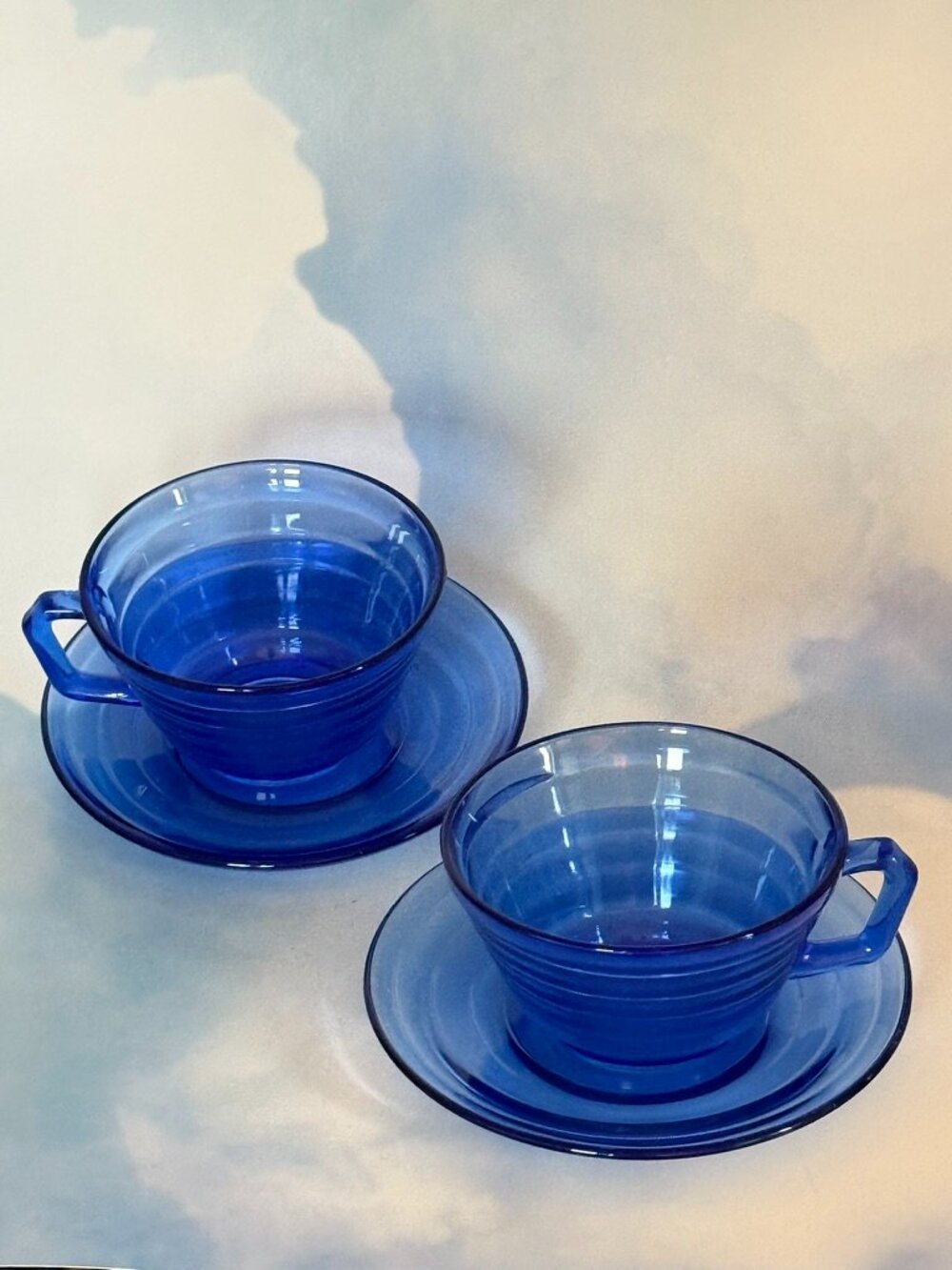 Set of 2 VINTAGE HAZEL-ATLAS "Moderntone" Cobalt Blue Cups & Saucers Art Deco